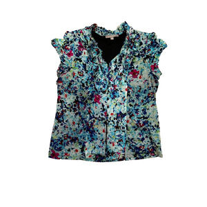 NY Collection Mesh Blouse Women's XL Y2K Whimsy Teal Button Up Ruffle Neck Fairy